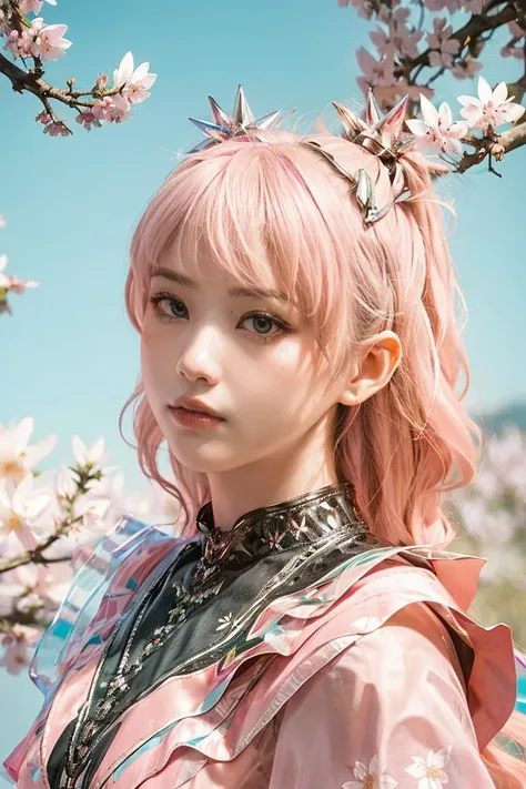 masterpiece, POV of a woman taking a photoshoot inside the pink room, (Light pink hair:1.4), (pink dress:1.4), pink eyes, pink and white, (sakura leaves:1.5), vivid colors,pink and white dress, paint splash, simple background, ray tracing, wavy hair, ((wea...