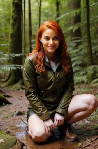 Ginger thief wet in the forest, gazing pleased into the camera, full body shot face to knee