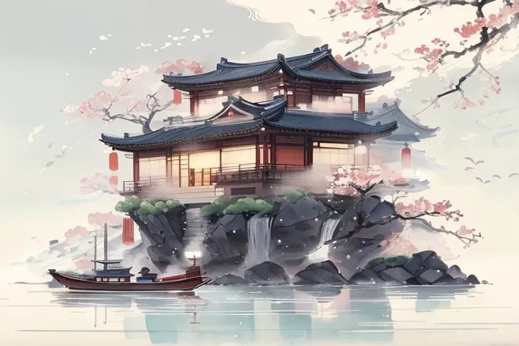 Painting of a boat floating in the water near a building, Japanese art style, Chinese watercolor style, Digital painting of pagoda, author：Yang Jie, Japanese style, Japanese traditional concept art, Chinese style, author：Raymond Han, Chinese painting style...