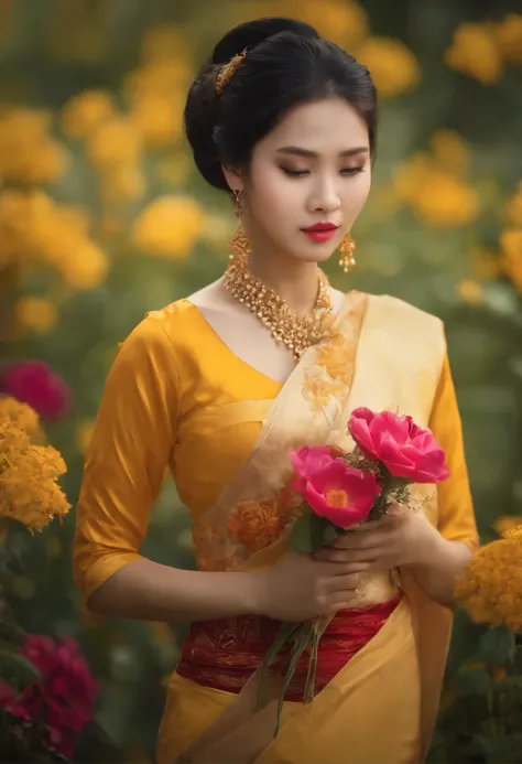 A beautiful woman with a kind and warm style. holding aflower.full body.Burmese girl.
