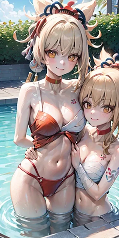 Two girls of the same height smiling in the water in the bathtub，No teeth exposed. Female twins， bright colors，natural lighting, best quality, Chest to chest, hug each other with arms&#39;waist, sunny masterpiece, Navel exposed, blush, Navel exposed, swims...