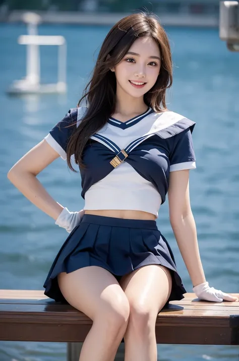 1 pretty female student, Brown_hair, Moderate_bobhair_hair, blue_diaphragm_bearings_sailor_, mini_skirt, short_sleeve, 大leg 大leg 大leg 大leg, big deal_, angry, Smile, Open_Mouth, permanent, port_background, slightly_spread_leg, happy, national foundation, sh...