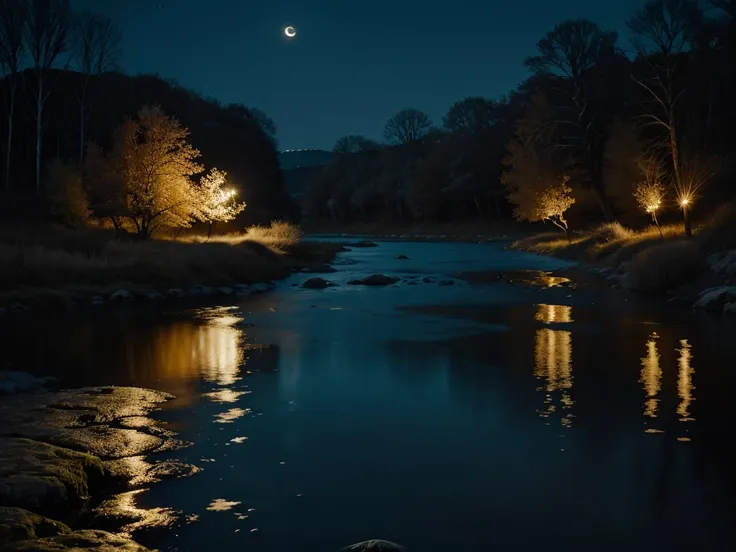 a flowing river under the moonlight, reflecting the serene beauty of the night. water shimmers and glows with the moon's gentle ...