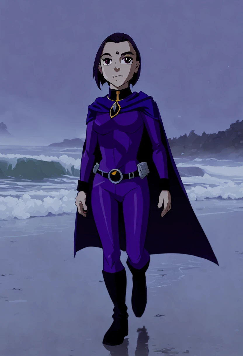 ohxw, rave12, walking on a beach, full body, cartoon, 2d, sharp, petite, cape and a purple cape ds9st uniform