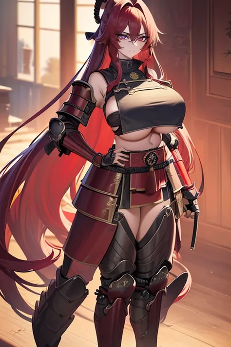 Masterpiece, best quality, 1 girl, long hair, big bust, ((Red Hair), ((Very long hair)),((Red samurai armor, full body red samurai armor)),Sexy,Sensual,Red eyes,Serious, emotionless, adult woman, seductive, ((Huge Boobs, Huge Breasts)), looking angrily at ...