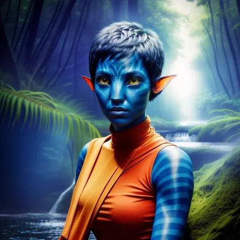 avtr:1.1, avatar style, portrait:1.6, 1girl, female, (blue skin tone:1.0), (short hair:1.0), pixie cut hairstyle, dark brown hair color, 18 years old:1, face wrinkles, wearing tribal clothing, wearing a top, detailed eyes, toned body, muscled body, vibrant...