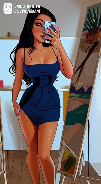 Theres a woman taking a selfie in a blue dress, in digital illustration style, no estilo da pintura digital, totalmente vestido. pintura de sexy, she is wearing a black dress, vacation vibe, arte digital de um elegante, #1 pintura digital de todos os tempo...