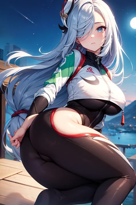 Shenhe, tight pants, sportswear, butt, seductive, thick thighs, night sky view, realistic, best quality, masterpiece, ultra detail, ultra high res, extreme detail