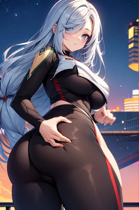 Shenhe, tight pants, sportswear, butt, seductive, thick thighs, night sky view, realistic, best quality, masterpiece, ultra detail, ultra high res, extreme detail