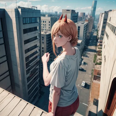 power 1 chica de cuerpo perfecto del anime chainsaw man vestida con una remera blanca mangas cortas y un pantalon largo ajustado, SENTADA EN LA AZOTEA DE UN EDIFICIO ALTO, with clear blue sky and the city in the background I TOLD YOU IT WAS ON THE ROOF OF ...