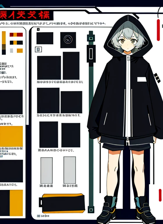 whole body,(infographic:1.2), 10 year old boy, shorts, jacket with long sleeves and hood with ears, bored expression, fluffy short hair, burning bright eyes  , Patent drawings, Physical Measurements, (the whole clothing configuration:1.15), (One), standing...