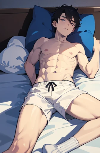 masterpiece, best quality, a boy, lying on bed, shirtless, white socks.

Or:

A masterpiece of art, captured in the best quality, features a boy, comfortably lying on the bed, his shirtless torso on full display, with a pair of white socks peeking out from...