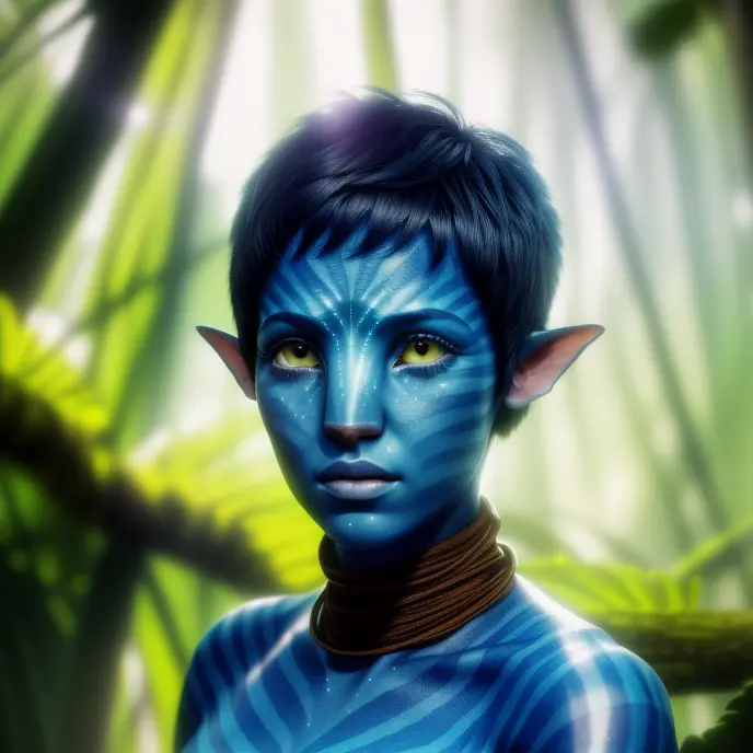 avtr:1.1, avatar style, portrait:1.6, 1girl, female, (blue skin tone:1.0), (short hair:1.0), pixie cut hairstyle, dark brown hai...