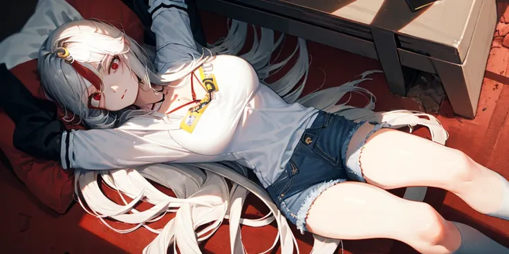 (Lie on the ground:1.2), Ning Guang, 1 girl, alone, ((white shirt)), black Thighhighs, big breasts, cleavage, uniform, office background, ((Killed)), ((From above)), (cinematic lighting), (Put your arms on the ground), (Bloody ground), dutch angle, ((Blood...