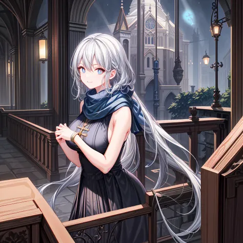 church，a girl，platinum long hair，Blue pupils，scarf，Split Sister Dress，Smile，Half open eyes，beautiful skin，glowing skin，Big breasts，moody lighting，sunny，8k，Ultra-detailed，masterpiece，middle Ages，night