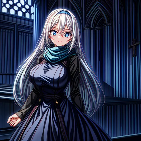 church，a girl，platinum long hair，Blue pupils，scarf，Split Sister Dress，Smile，Half open eyes，beautiful skin，glowing skin，Big breasts，moody lighting，sunny，8k，Ultra-detailed，masterpiece