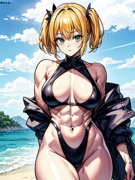 （（（masterpiece、Highest image quality、highest quality、highly detailed unity 8ｋwallpaper）））、（（Illustration of one girl））、（（（beautiful girl、cool）））、（（blonde、pixie cut：1.2、two side up、sidelocks、green eyes））、（（（tall、stocky build, thickset physique：1.3, muscular...