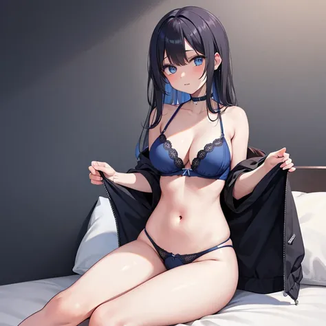 Masterpiece, ((black hair)), blue eyes, sexy, large breasts, beautiful body, blue underwear l, blue lingerie, blue bra, bed