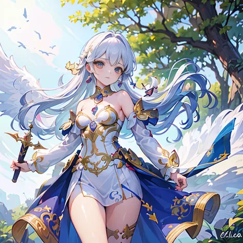 (obra maestra) (la mejor calidad) a legendary and beautiful warrior angel carries an impressive curved sword and a small round s...