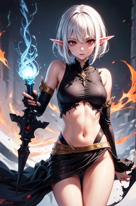 (4k quality), sexy and thin elf, torn clothes, detailed short white hair, detailed red eyes, best quality, expressive eyes, perfect face, with a magic wand of fire