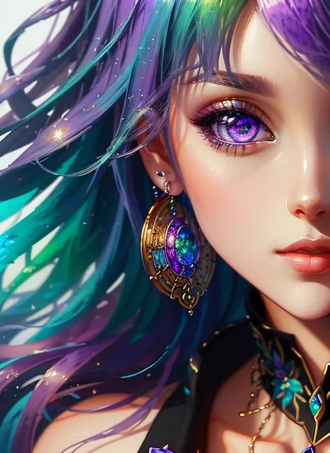 ((highest quality)), ((masterpiece)), ((realistic)), (detailed),and soul、anime style、 (1 woman）Earring-only accessories、Close up portrait of woman with greenish-purple hair color、Beautiful shining purple eyes, like transparent glass、Casual sleeveless witho...