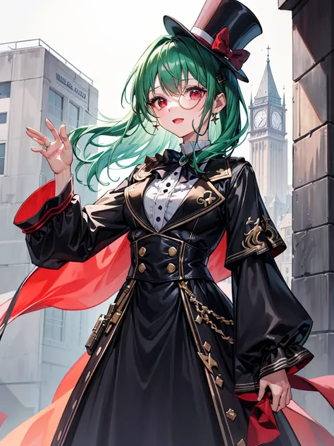 （（（masterpiece、Highest image quality、highest quality、highly detailed unity 8ｋwallpaper）））、（（Illustration of one girl））、（（（beautiful girl）））、（Emerald green hair、sidelocks：1.2、red eyes）、monocle、（（（crazy smile）））、（（（Black top hat、tuxedo）））、grand library