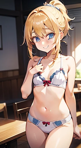 table top、High resolution、1 girl、underwear only、Cute lingerie、underwear models、cute anime illustration、blonde hair ponytail、no curly hair、blue eyes、skin is white、smile、small breasts