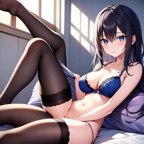 Masterpiece, ((black hair)), blue eyes, sexy, large breasts, beautiful body, blue underwear l, blue lingerie, blue bra, bed