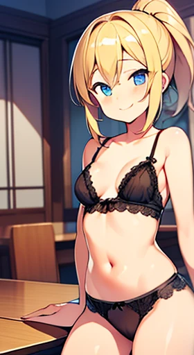 table top、High resolution、1 girl、underwear only、Cute lingerie、underwear models、cute anime illustration、blonde hair ponytail、no curly hair、blue eyes、skin is white、smile、small breasts