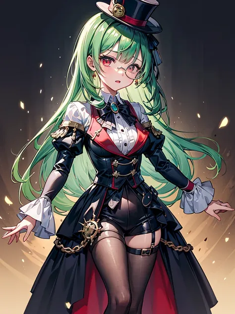 （（（masterpiece、Highest image quality、highest quality、highly detailed unity 8ｋwallpaper）））、（（Illustration of one girl））、（（（beautiful girl）））、（Emerald green hair、sidelocks：1.2、red eyes）、monocle、pocket watch、（（（crazy smile）））、（（（Black top hat、tuxedo）））、grand ...