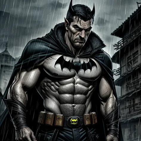 Romania Native Batman: (1 man), dramatic pose, tight cape, brooding, serious expression, rough and weathered face, pointed ears, muscular body, bat symbol on chest, intricate details, detailed textures, Gothic, dark and moody atmosphere, shadows, high cont...