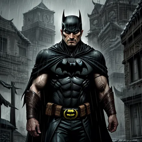 Romania Native Batman: (1 man), dramatic pose, tight cape, brooding, serious expression, rough and weathered face, pointed ears, muscular body, bat symbol on chest, intricate details, detailed textures, Gothic, dark and moody atmosphere, shadows, high cont...