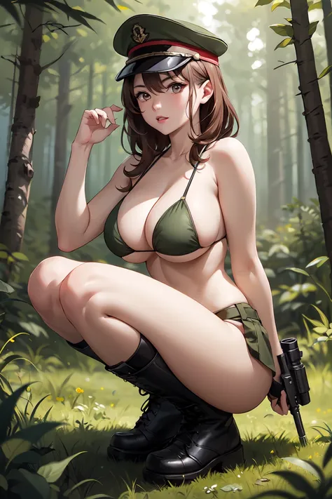 (best quality,Unparalleled masterpiece:1.4),Ultra-detailed CG 4K,brown hair，in the forest，Female soldiers，Combat uniforms， Loose bikini，black military boots，combat hat，huge，rendering，huge，squat on the ground