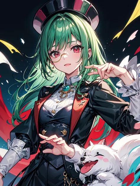 （（（masterpiece、Highest image quality、highest quality、highly detailed unity 8ｋwallpaper）））、（（Illustration of one girl、upper body））、（（（beautiful girl）））、（Emerald green hair、sidelocks：1.2、red eyes）、（（（crazy smile）））、monocle、pocket watch、（（（Black top hat、tuxed...