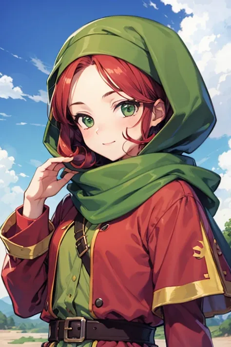 ((Maribel dq7)),dragon quest vii,1girl,curly hair,dress,green eyes,head scarf,hood,long hair,red hair,