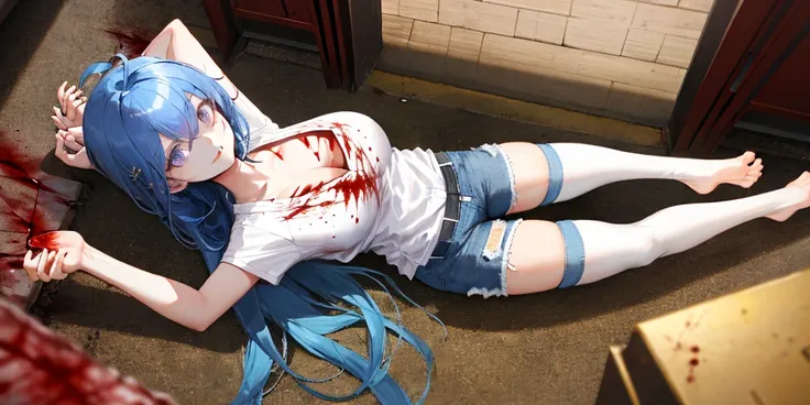 (Lie on the ground:1.2), 1 girl, alone, ((white shirt)), barefoot, big breasts, cleavage, uniform, office background, tight denim shorts, office, hair between eyes, golden hair ornament, large chest, ((Killed)), ((From above)), (cinematic lighting), (Put y...