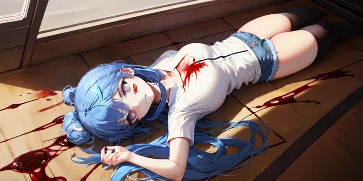 (Lie on the ground:1.2), 1 girl, alone, ((white shirt)), barefoot, big breasts, cleavage, uniform, office background, tight denim shorts, office, hair between eyes, golden hair ornament, large chest, ((Killed)), ((From above)), (cinematic lighting), (Put y...