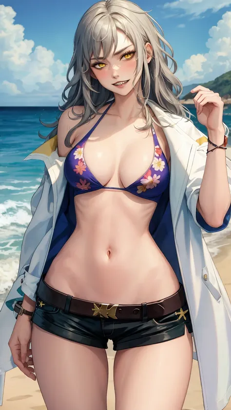 ((((masterpiece, best quality, high resolution)))), (1girl:1.5), ((long hair, silver hair, yellow eyes, sharp eyes, sharp teeth)), (big breasts:1.2), blush, (light smile, parted lips), glow, thighs, bare shoulders, collarbone, narrow waist, (slender body f...