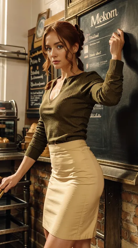 the inside of a vintage bakery, with antique brass scales, a chalkboard menu listing today's specialties, and a red-headed woman...