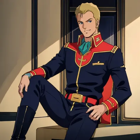 masterpiece,high quality,solo,indoors,
looking at viewer,smile,
jeridmessa,1man,
regent,blonde hair,blue eyes,
military uniform,black jacket,ascot,long sleeves,
belt,pants,
boots,