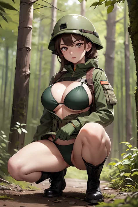 (best quality,Unparalleled masterpiece:1.4),Ultra-detailed CG 4K,brown hair，in the forest，Female soldiers，Dark green combat uniform，military helmet，commando， Loose bikini，black military boots，huge，rendering，huge，squat on the ground