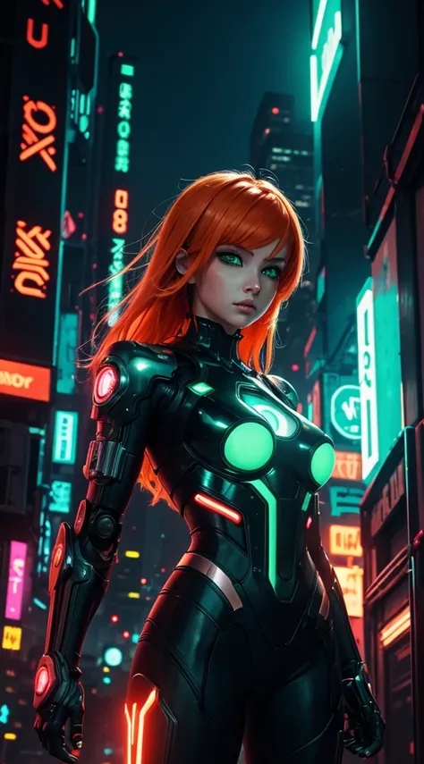 robot girl, hand, green eyes, Cyberpunk city setting, neon lights, orange hair, masterpiece, Ultra high detail