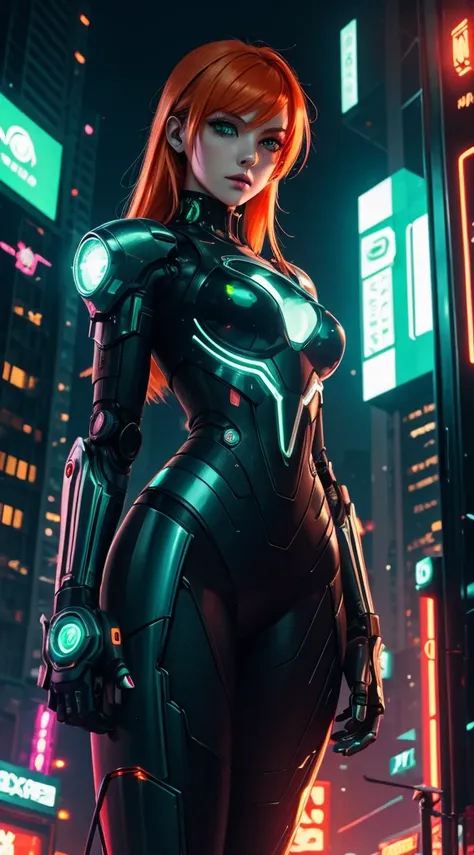 robot girl, hand, green eyes, Cyberpunk city setting, neon lights, orange hair, masterpiece, Ultra high detail