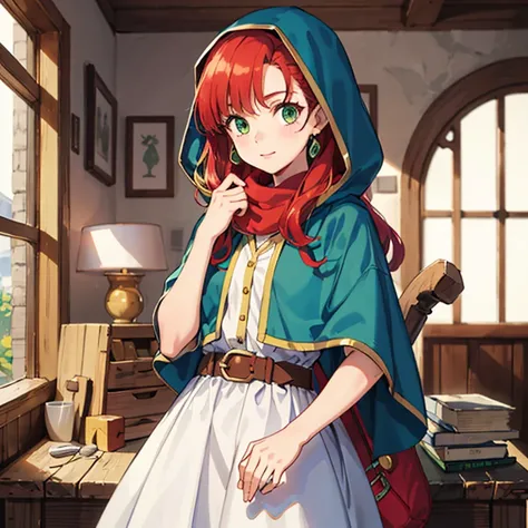 ((Maribel dq7)),dragon quest vii,1girl,curly hair,dress,green eyes,head scarf,hood,long hair,red hair,