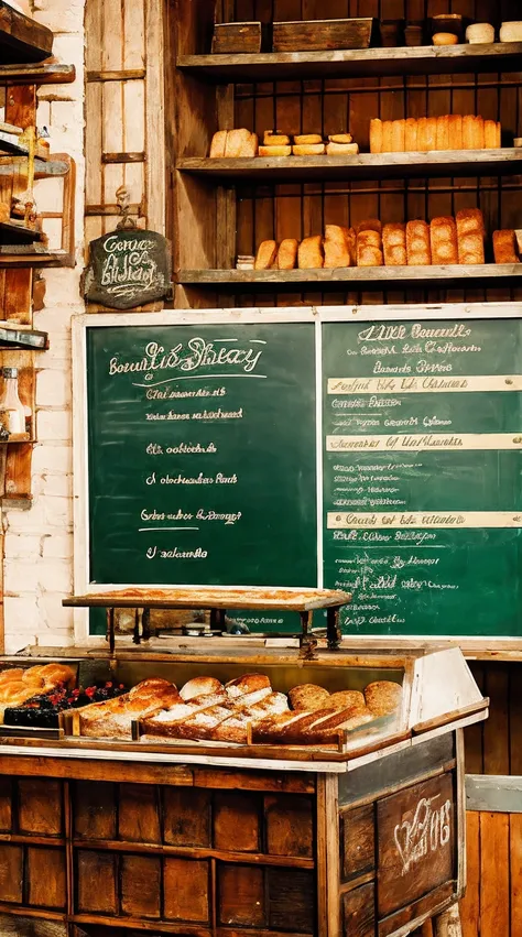  The inside of a vintage bakery, with antique brass scales, a chalkboard menu listing todays specialties, and a red-headed woman wear ribbed shirt, pencil skirt, selecting a crusty baguette from a display filled with an assortment of artisan breads