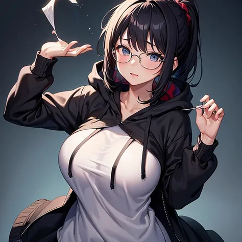 messy hair、dull bangs、messy hair、Sloppy、cross-eyed、drunk、( fool / Sexual ecstasy)、Glasses、highest quality, Super delicate illustration, Beautiful charming anime girl, slender body, tied hair, one girl,wearing a hood,hoodie、bust shot、Ponytail hands are not ...