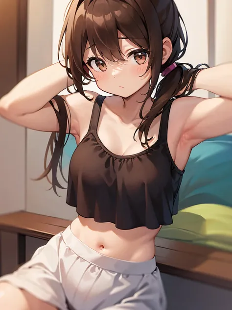 1girl in、as-、cute underwear、upper body portrait、sleeveless、poneytail、brown haired、brown-eyed、long ponytail、m size breasts、high s...