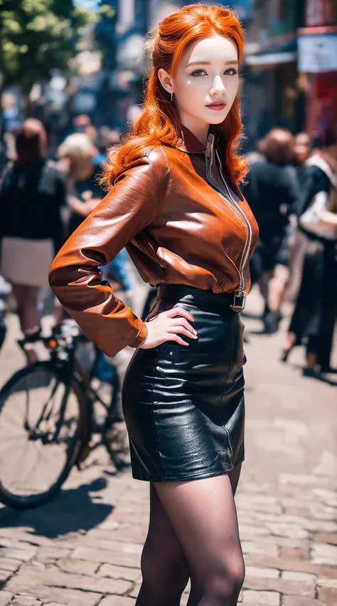 A red-haired woman with a beautiful face and a perfect body, wearing a leather coat and a pencil skirt, riding a new Harley Davidson superbike. On the street, inside the ancient city.

Portrait, detailed red hair (red hair:1.1), realistic (realistic:1.37),...