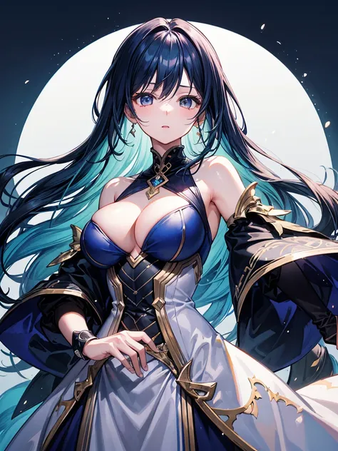 （（（masterpiece、Highest image quality、highest quality、highly detailed unity 8ｋwallpaper）））、（（Illustration of one girl、upper body））、（（（beautiful girl）））、blue hair、stocky build, thickset physique：1.3,  broad shoulders, solid chest、（（（big breasts）））、white clot...