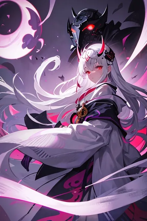 ghost woman, grey kimono, samurai demon helmet, purple clouds, long grey hair, red glowing eyes